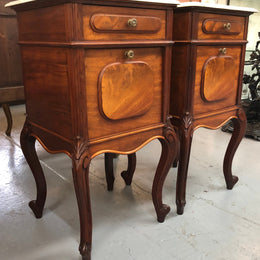 Pair Of White Marble Top Mahogany Bedside Cabinets