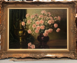 Large Signed Oil On Canvas Painting Of Carnations Flowers | Antique & Vintage | Moonee Ponds Antiques | Australia Wide Delivery