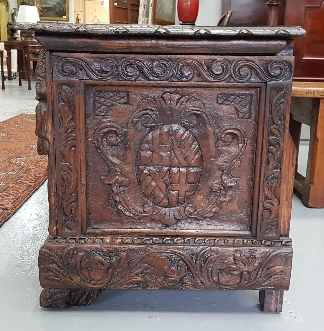 Antique Mahogany Heavily Carved Coffer Chest Blanket Box
