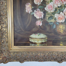 Delightful Gilt Framed signed oil on Canvas. Depicting bowl of Roses. In good original condition.