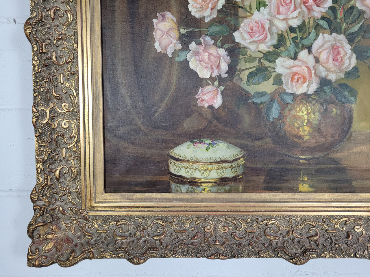 Delightful Gilt Framed signed oil on Canvas. Depicting bowl of Roses. In good original condition.