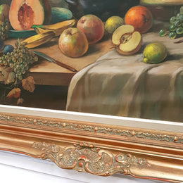 Beautiful large signed M. Govers English oil on canvas of fruit in a lovely ornate gilt frame in very good condition.