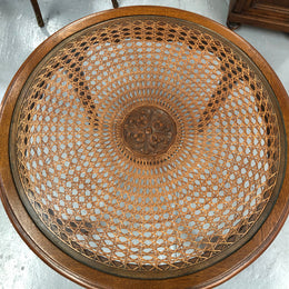 French Carved & Cane Round Table With A Glass Top