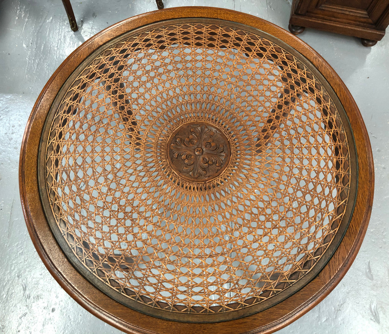 French Carved & Cane Round Table With A Glass Top | Antique & Vintage | Moonee Ponds Antiques | Australia Wide Delivery