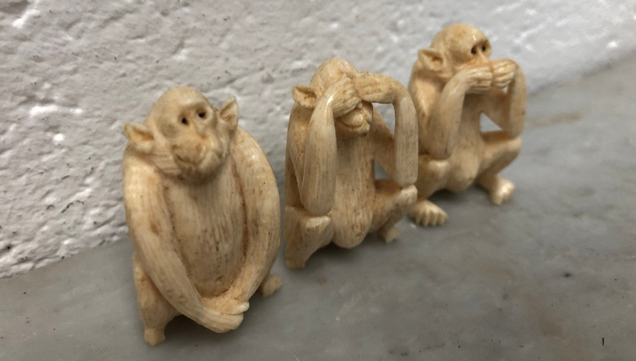 Antique Carved Ivory 3 Wise Monkeys