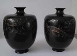 Pair of Antique Meiji Period Japanese Etched Bronze Vases | Antique & Vintage | Moonee Ponds Antiques | Australia Wide Delivery
