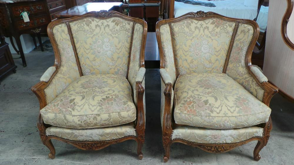 Antique Pair Of Carved Louis XV Style Upholstered FauteuilsL40