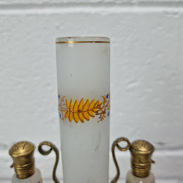 French 19th century perfume set in a gilt metal stand. Opaline glass beautifully hand painted and is in good original condition, please view photos as they help form part of the description.