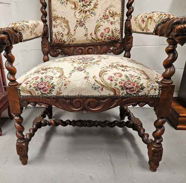 Early 19th Century French renaissance beautifully carved chair with stunning new upholstery. In good original condition with new upholstery.