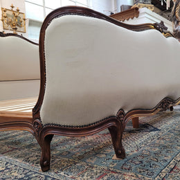 French Louis XV style queen size upholstered bed. Upholstery is in good condition and bed is complete with custom made slats. Just place your mattress on top.