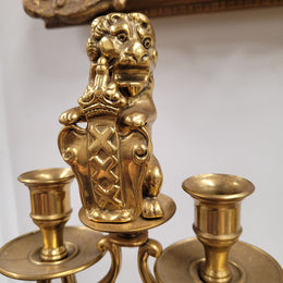 Pair of large Antique French Brass candelabras with lions. They have been sourced from France and are in good original detailed condition.