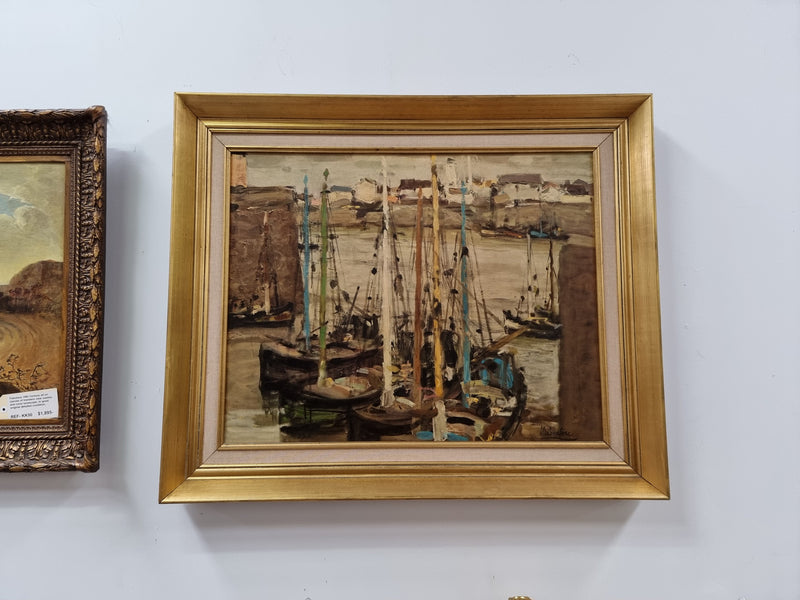 Fabulous signed Vintage boat scene oil on canvas painting in gilt frame. In good original detailed condition.