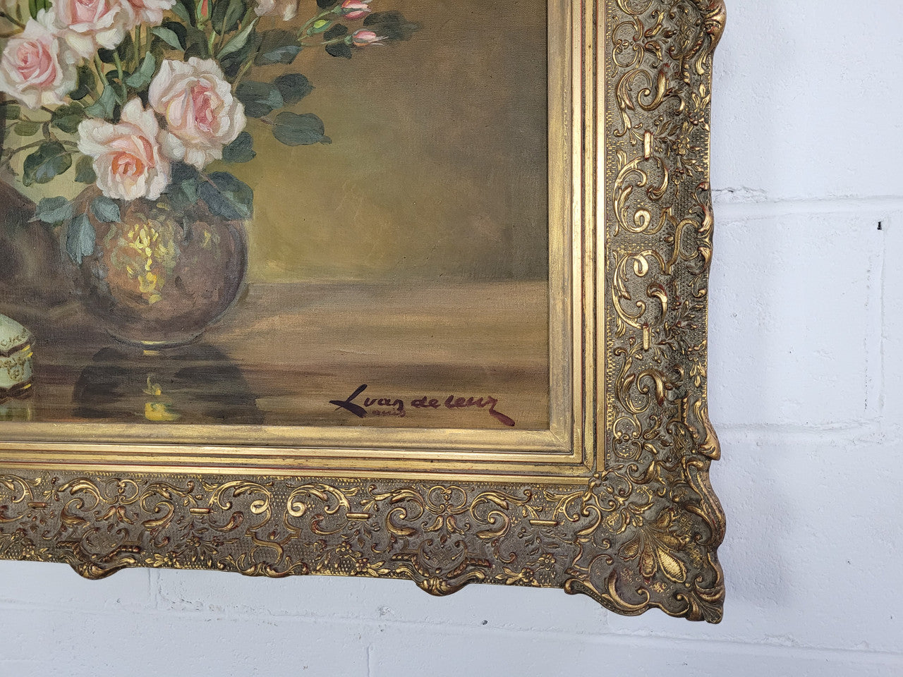 Delightful Gilt Framed signed oil on Canvas. Depicting bowl of Roses. In good original condition.