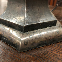 Beautiful pair of 19th Century pewter covered Bronze table lamps with light grey shades .They have been rewired and in good working order.