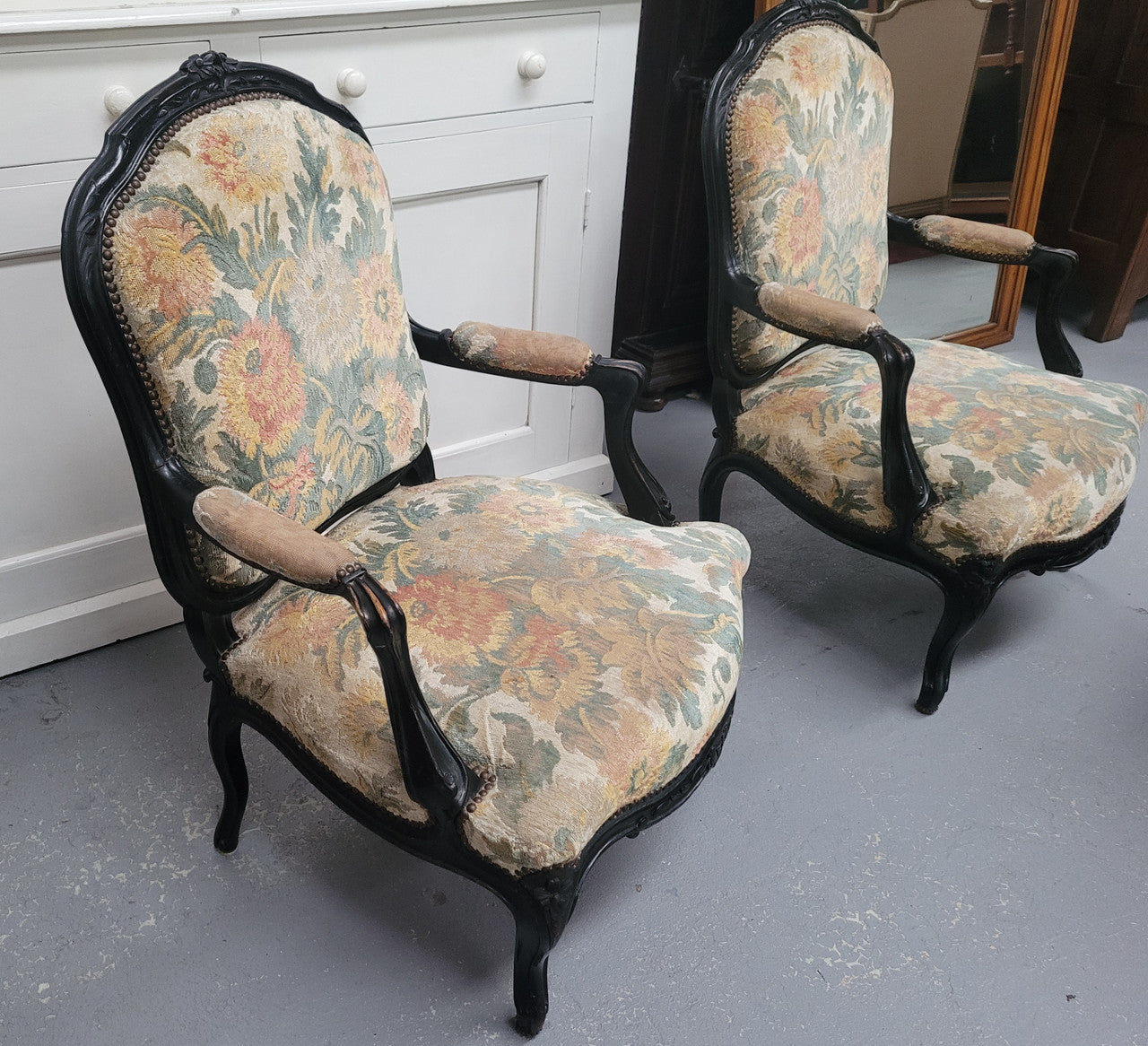 Antique 19th Century Louis XV Style Ebonized Upholstered Armchairs | Antique & Vintage | Moonee Ponds Antiques | Australia Wide Delivery