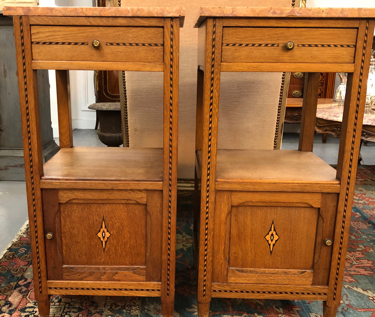 Beautiful Pair of French Oak Inlaid Marble Top Bedside Cabinets