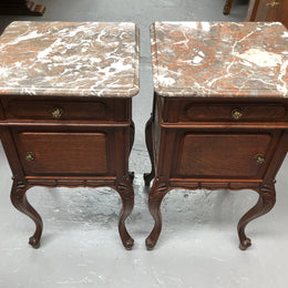 Pair Of  French Oak & Marble Top Bedsides