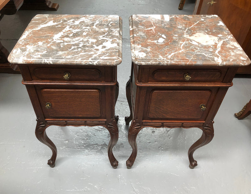 Pair Of  French Oak & Marble Top Bedsides
