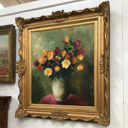 Vintage sourced in France, Belgium signed oil on canvas of a "Floral Study". Stunning vibrant colours and in a original gilt frame. In good original detailed condition.