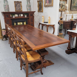 French style reclaimed Elm Farmhouse table with stretcher base and amazing carving underneath. Table can sit 10-12 people and is in good original detailed condition.