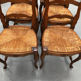Set of six French rush seat dining chairs and in good sturdy condition.