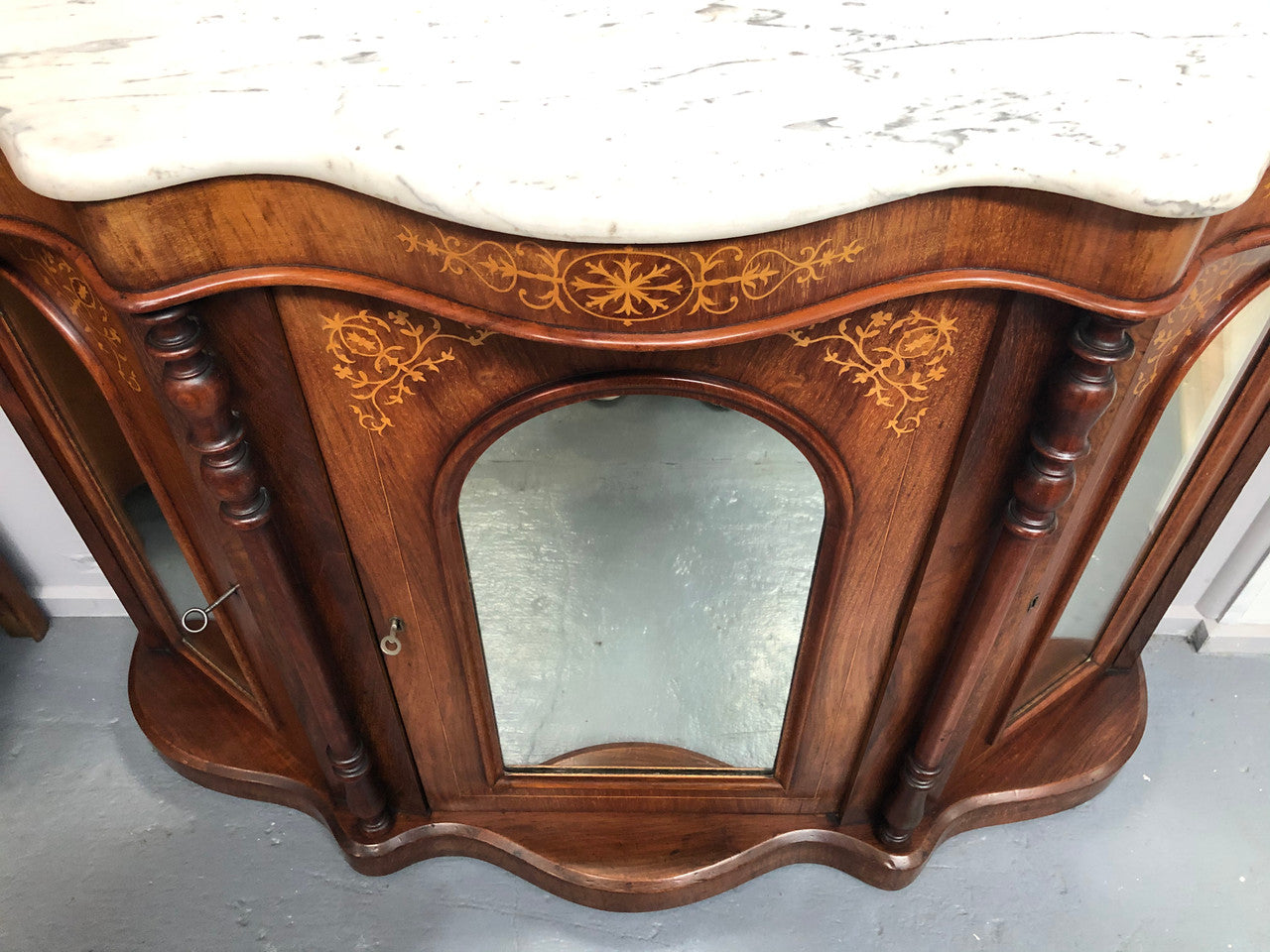 Petite Victorian Marble Top Sideboard-Credenza With Beautiful Marquetry Inlay