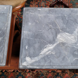 Pair of unusual transitional fruit wood marble top bedside cabinets. They have been sourced from France and are in good original detailed condition.