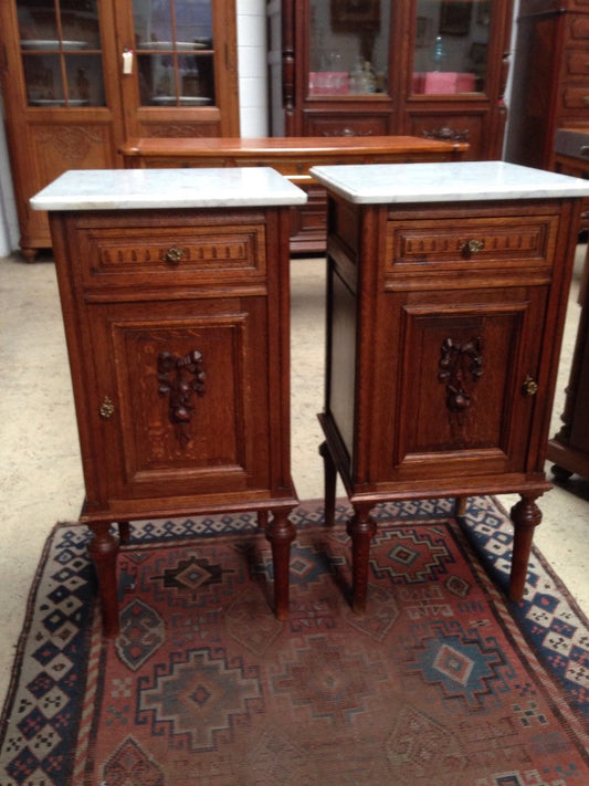 Pair French Marble Top Bedside Cabinets