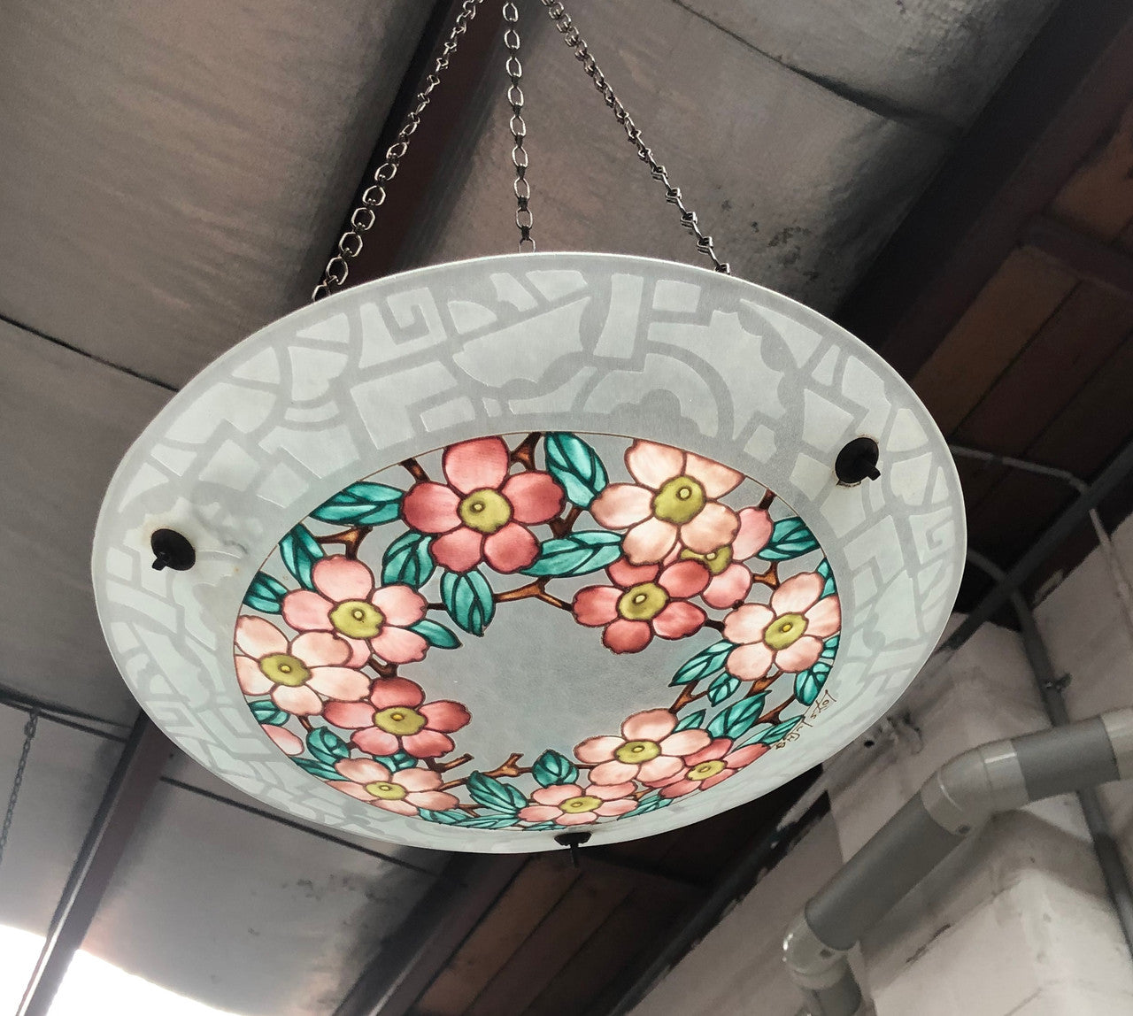 Rare French Art Deco Hanging Light Shade Hand-Painted & Signed