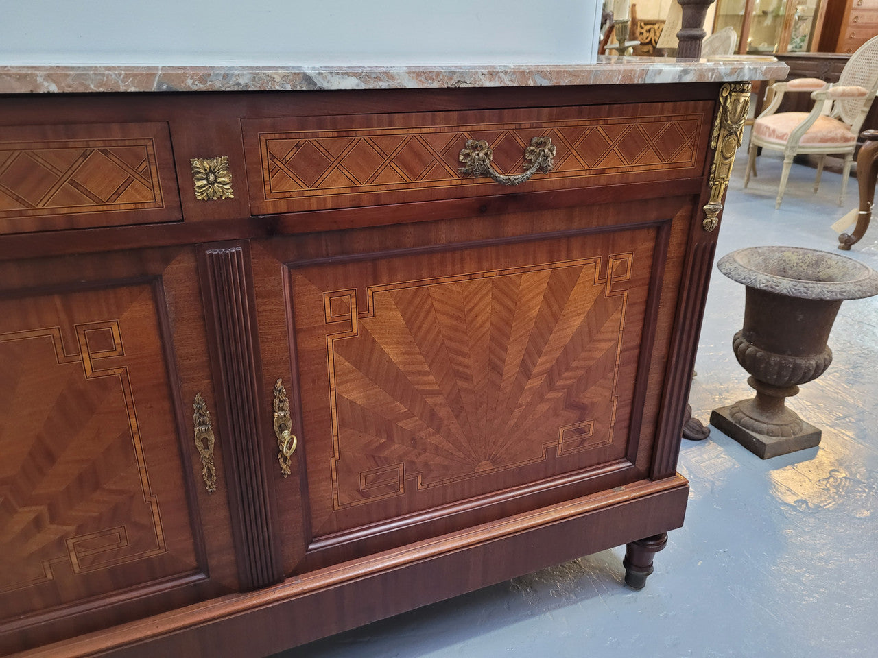 Louis 16th Style Mahogany Marble Top Cupboard With Marquetry Inlay | Antique & Vintage | Moonee Ponds Antiques | Australia Wide Delivery