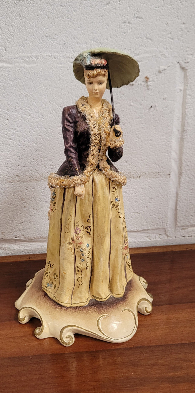 Vintage Italian figurine of lady holding umbrella signed. Sourced locally and in good original condition, please view photos as they help form part of the description.