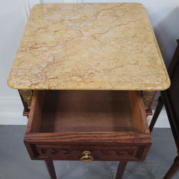 French Oak pair of Louis 16th style marble top bedsides with stunning bronze mounts. They have been sourced from France and are in good original detailed condition.