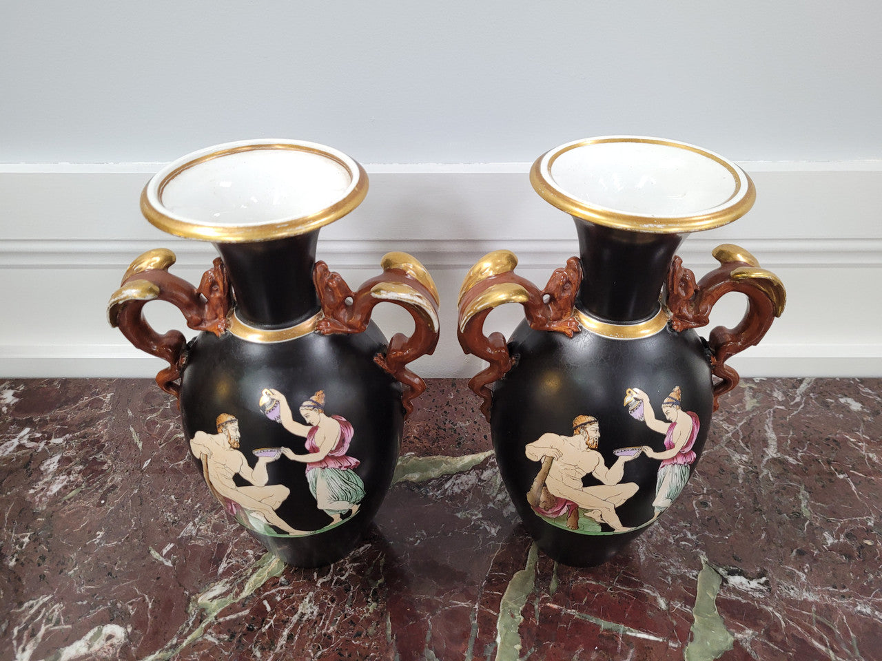 Pair Antique 19th century Paris porcelain Grecian style vases. Please view photos as they help form part of the description.