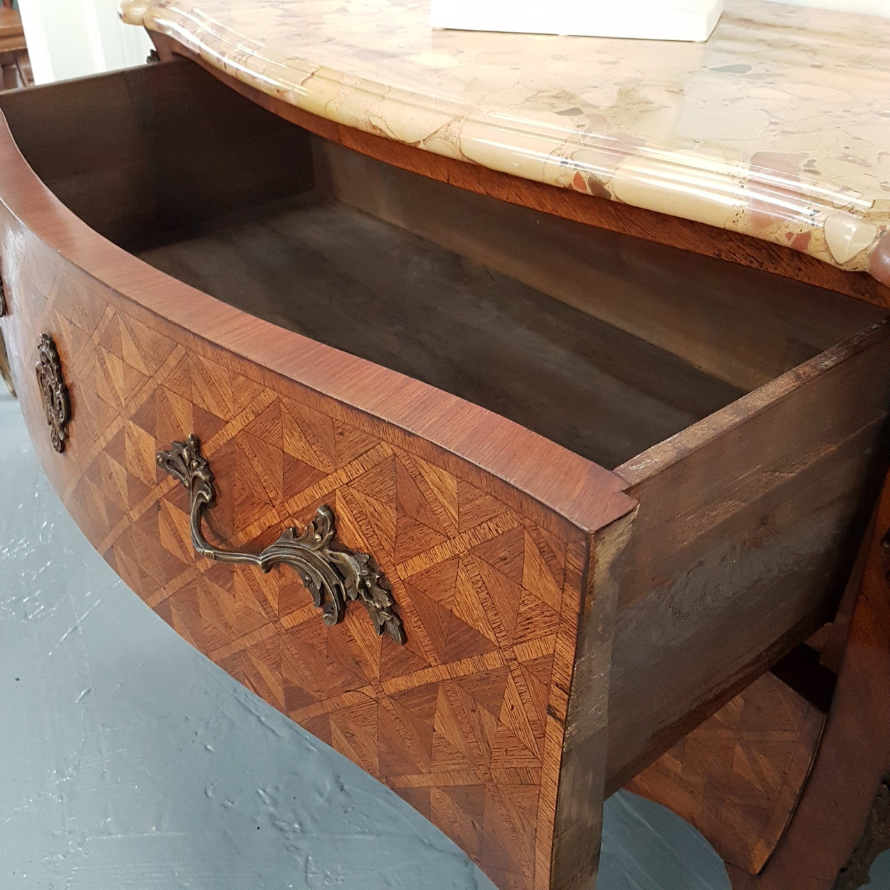 French 19th Century Parquetry Mahogany Marble Top Commode | Antique & Vintage | Moonee Ponds Antiques | Australia Wide Delivery