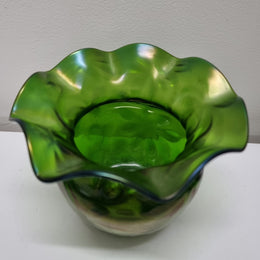 Gorgeous Antique green iridescent art glass vase with flare top, in great original condition.  Please view photos as they help form part of the description.