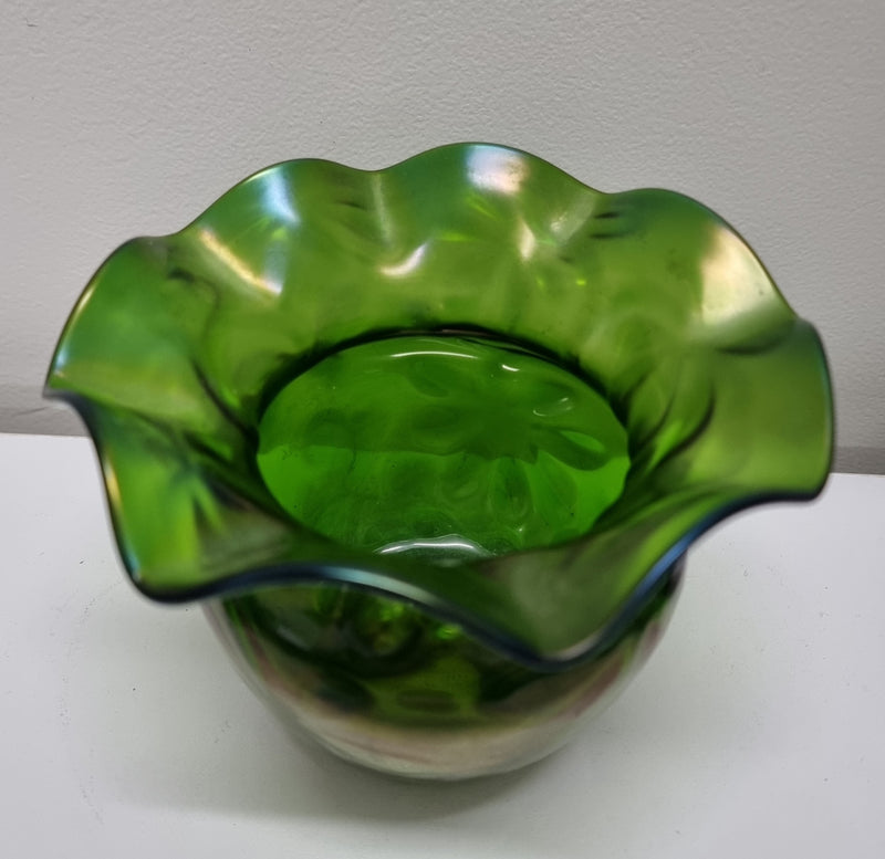 Gorgeous Antique green iridescent art glass vase with flare top, in great original condition.  Please view photos as they help form part of the description.