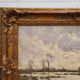 Sourced from France an impressionist oil painting of a beautiful lake scene. It is nicely framed in an Antique frame and in good original detailed condition.