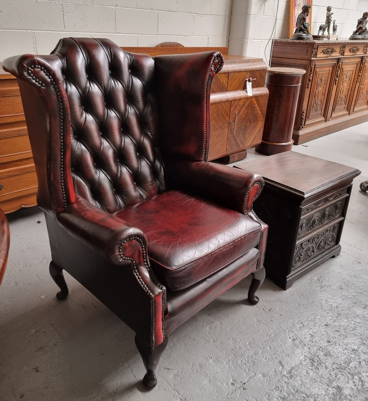 Oxblood Leather Button Back & Winged Lounge Chair