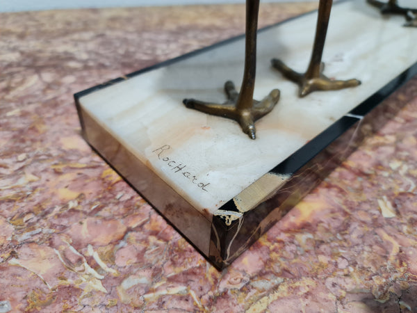Fabulous French Art Deco cold painted spelter Ibis birds on a stylized Art Deco marble base. Signed "Rochard" circa 1930's. In good original detailed condition.