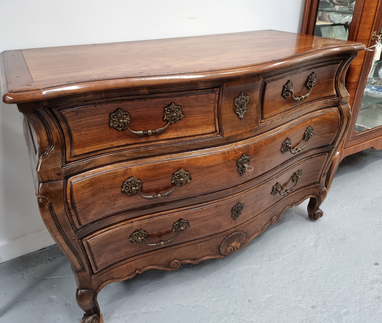 Rare Wooden Top Walnut Louis XV Style Three Drawer Bombe Commode | Antique & Vintage | Moonee Ponds Antiques | Australia Wide Delivery