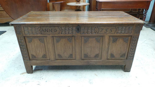 Antique French oak coffer/chest with 1755 engraved on the front. This is an amazing piece and in good original condition.
