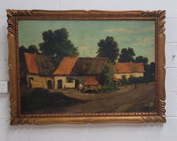 French Oil On Canvas Of Farmhouse Scene in Art Deco Frame | Antique & Vintage | Moonee Ponds Antiques | Australia Wide Delivery