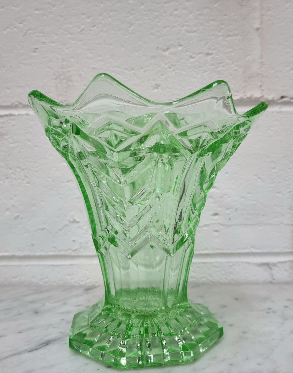 Green Depression Glass Flower Vase With Insert | Antique & Vintage | Moonee Ponds Antiques | Australia Wide Delivery