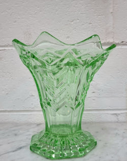 Green Depression Glass Flower Vase With Insert | Antique & Vintage | Moonee Ponds Antiques | Australia Wide Delivery