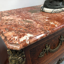 Grande French Louis XIV th  style Amboyna and walnut two drawer marble top commode ,with amazing detailed ormolu mounts, and sienna colour marble top. In good original detailed condition.