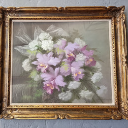 Beautifully framed French pastel painting of Irises, signed by "Gabriel Deschamps". In good original condition.
