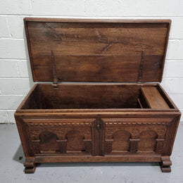 Fabulous carved French oak Antique Coffer / Chest with a lift up lid and loads of beautiful character in good original detailed condition.