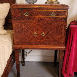 French Art Deco bedroom suite consisting of queen size bed in Amboyna wood and featuring pretty inlay. It comes with a matching pair of bedsides. It is a very stylish and high quality suite. It has been sourced from France and is in good original detailed condition.