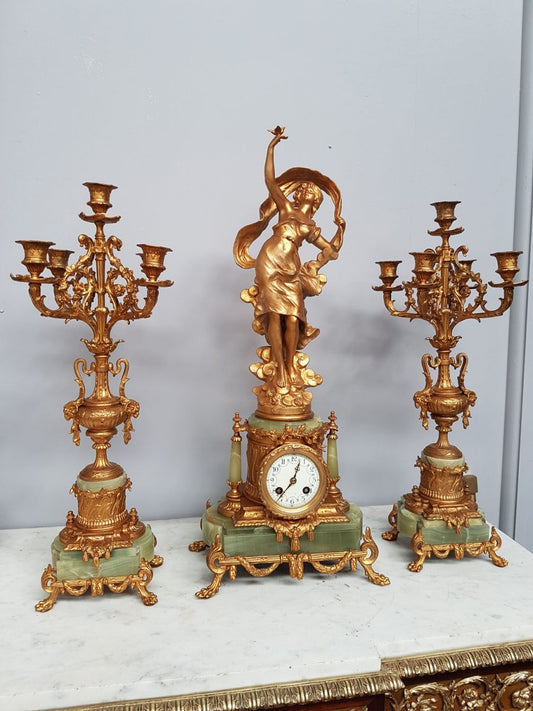 French Gilt Bronze Three Piece Clock Set