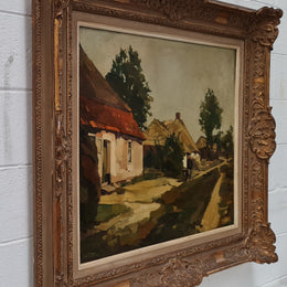 Sourced in France is this beautiful oil on canvas of a country cottage scene in a ornate decorative frame and in good original condition.